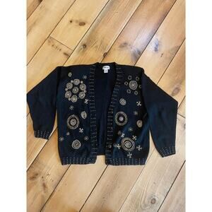 VTG Victoria Jones Cardigan Sweater. Black/Gold. Embellished Beaded. Christmas L
